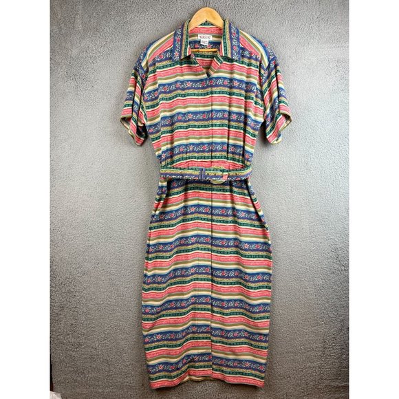 Vintage Talbots 100% Silk Button Up Dress Pink Blue Striped Floral size 8 - Picture 1 of 13